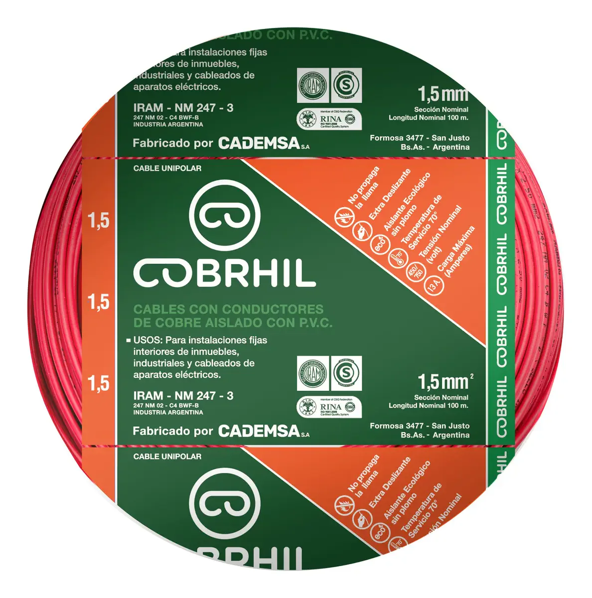 Rollo cable Cobrhil unipolar 1 x 1,50mm – IRAM – 100 metros (ROJO) — vista principal | Mi Casa Mi Lugar