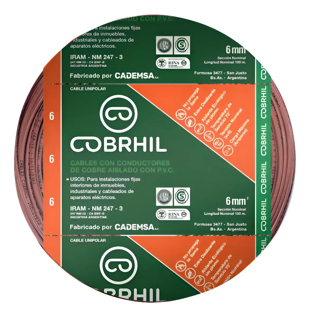 Rollo cable Cobrhil unipolar 1 x 6,00mm – IRAM – 100 metros (MARRON) — vista principal | Mi Casa Mi Lugar