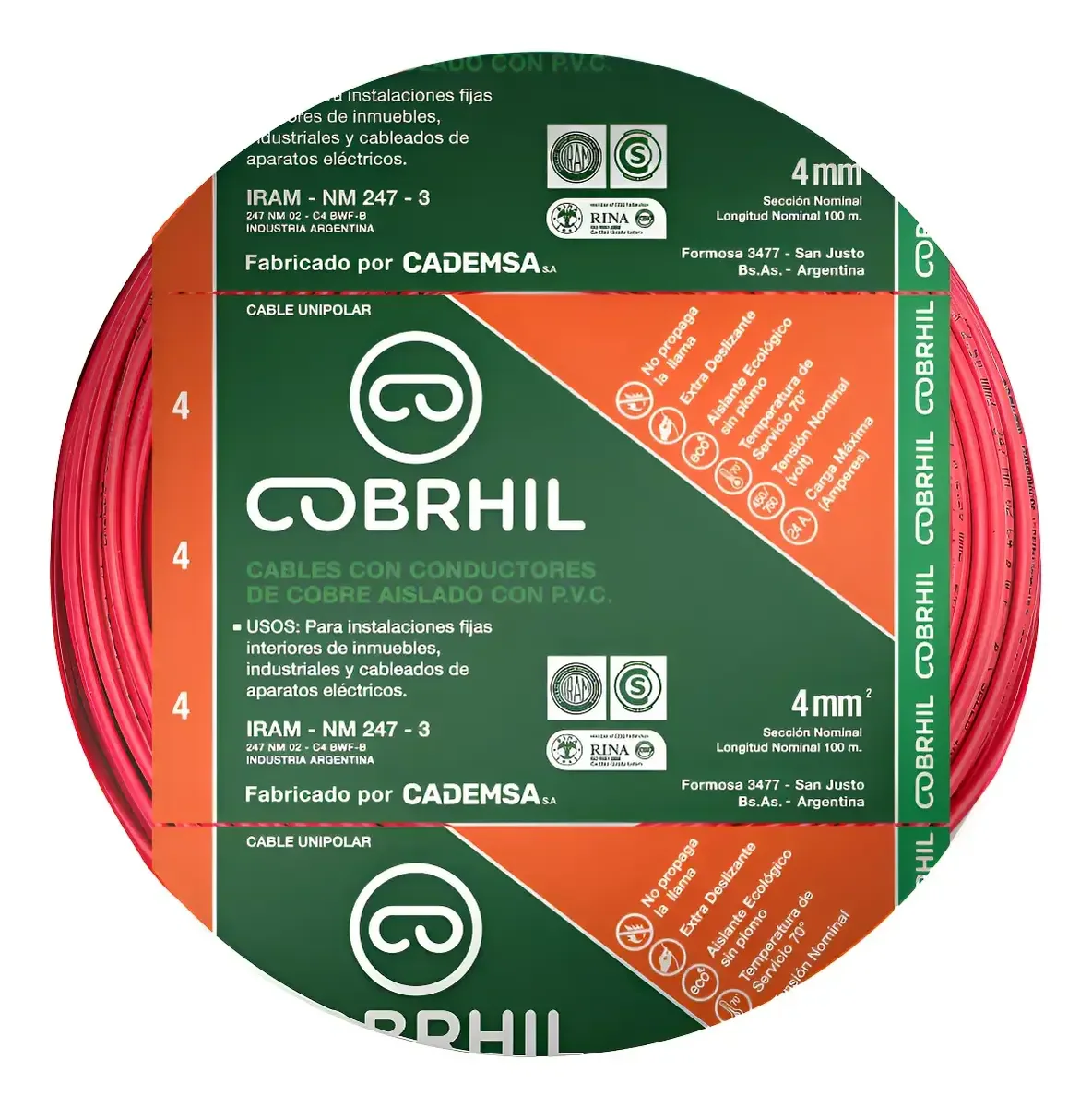 Rollo cable Cobrhil unipolar 1 x 4,00mm – IRAM – 100 metros (ROJO) — vista principal | Mi Casa Mi Lugar