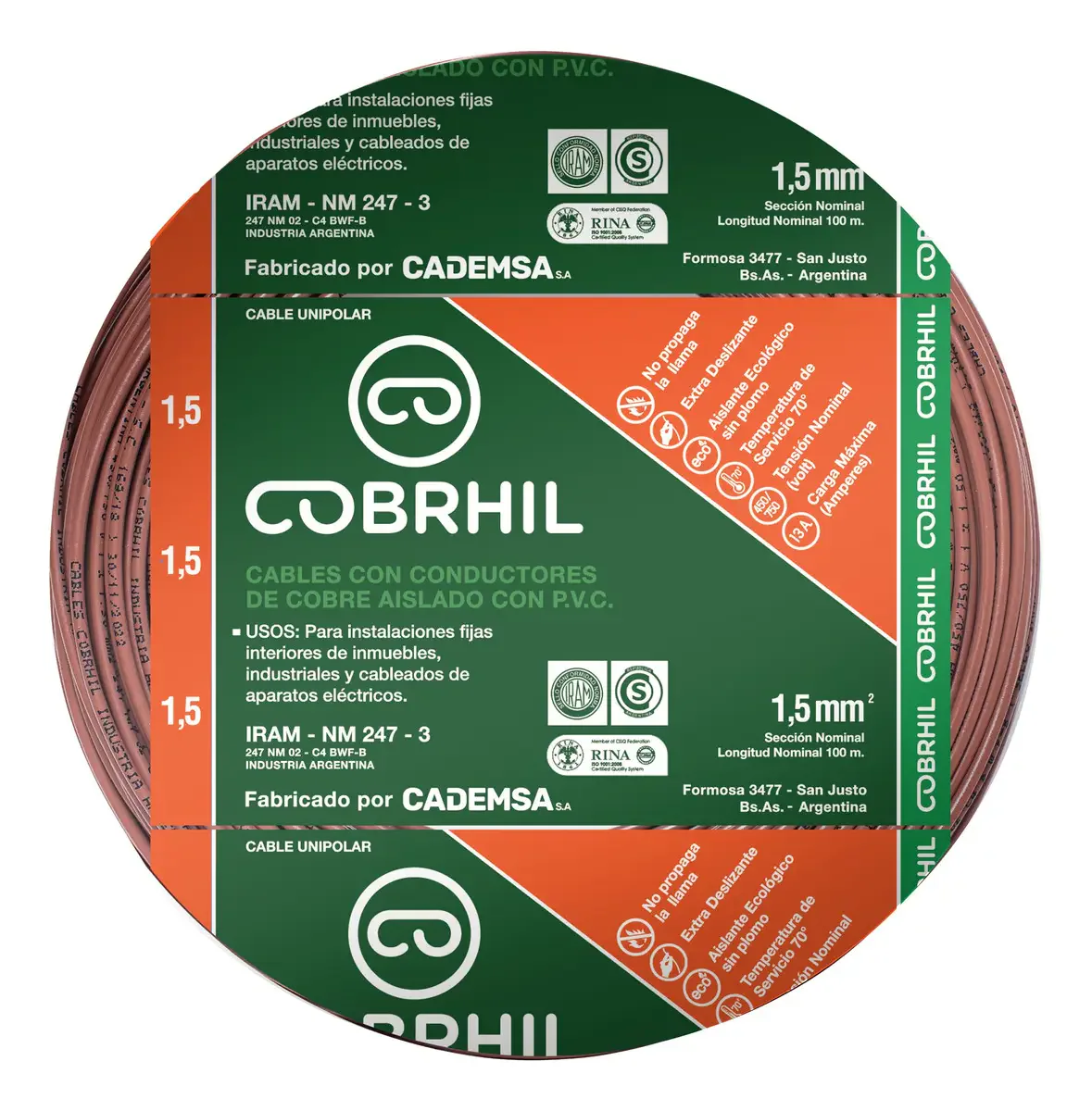 Rollo cable Cobrhil unipolar 1 x 1,50mm – IRAM – 100 metros (MARRON) — vista principal | Mi Casa Mi Lugar