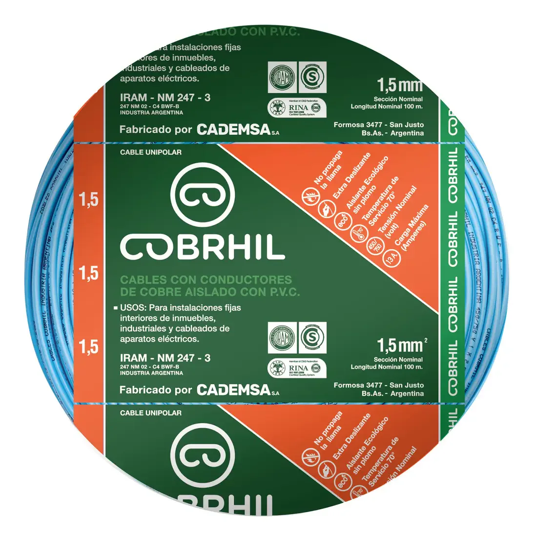 Rollo cable Cobrhil unipolar 1 x 1,50mm – IRAM – 100 metros (CELESTE) — vista principal | Mi Casa Mi Lugar