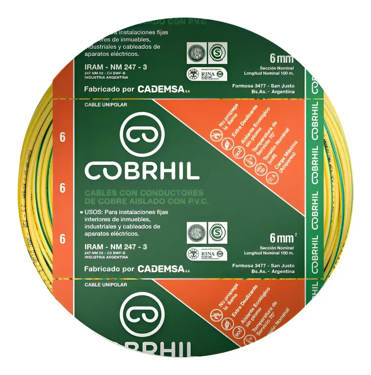 Rollo cable Cobrhil unipolar 1 x 6,00mm – IRAM – 100 metros (VERDE / AMARILLO) — vista principal | Mi Casa Mi Lugar