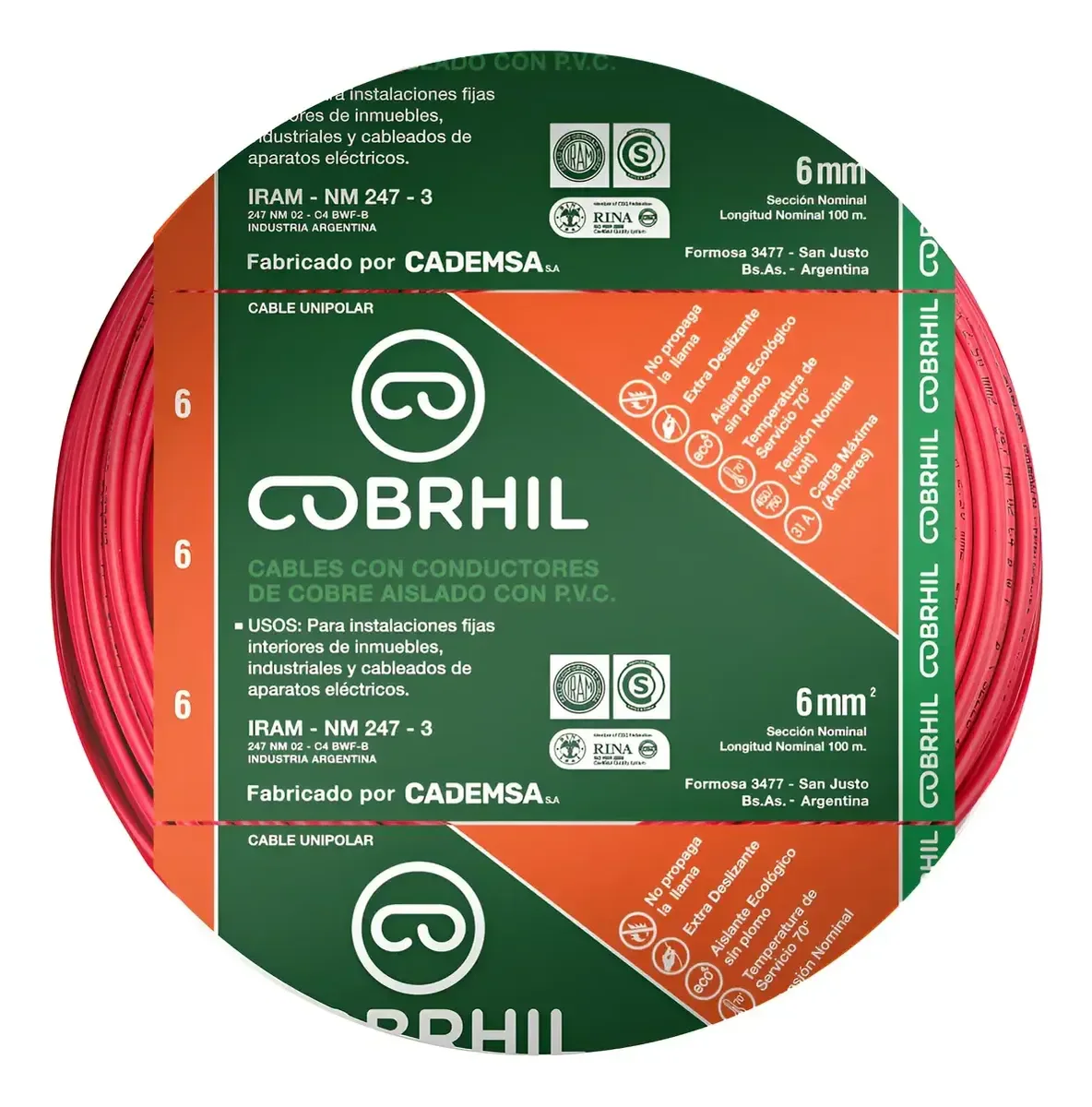 Rollo cable Cobrhil unipolar 1 x 6,00mm – IRAM – 100 metros (ROJO) — vista principal | Mi Casa Mi Lugar