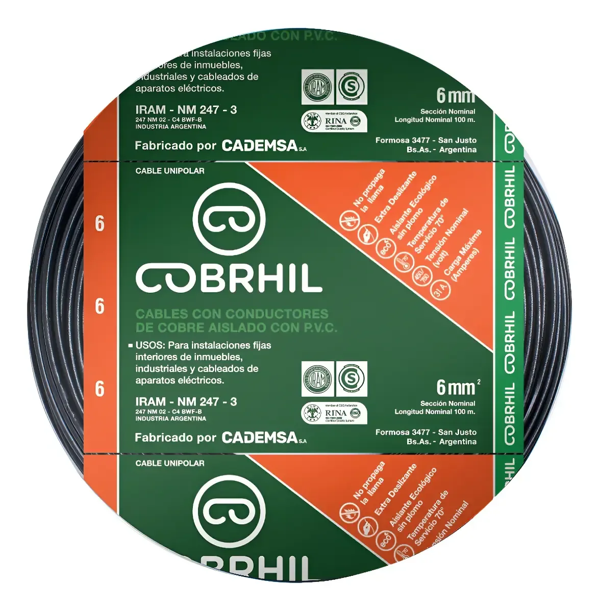 Rollo cable Cobrhil unipolar 1 x 6,00mm – IRAM – 100 metros (NEGRO) — vista principal | Mi Casa Mi Lugar