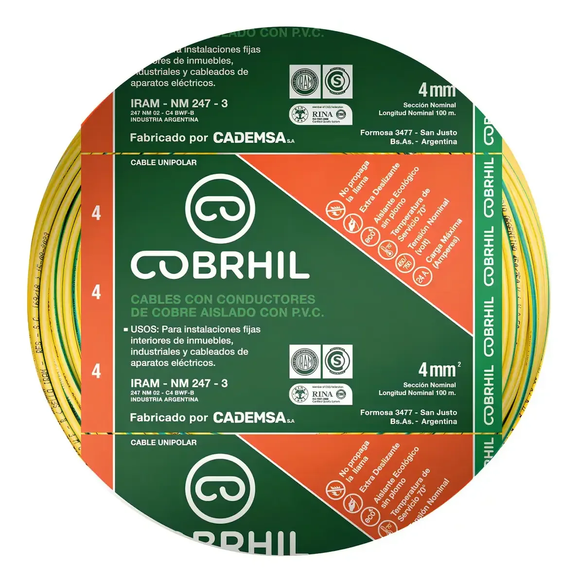 Rollo cable Cobrhil unipolar 1 x 4,00mm – IRAM – 100 metros (VERDE / AMARILLO) — vista principal | Mi Casa Mi Lugar