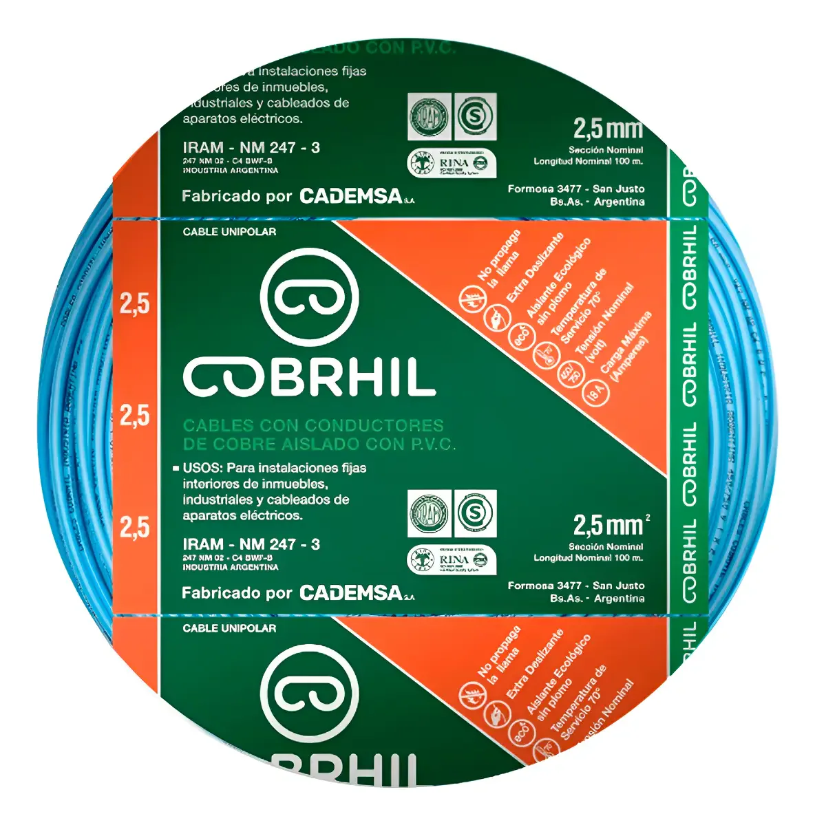 Rollo cable Cobrhil unipolar 1 x 2,50mm – IRAM – 100 metros (CELESTE) — vista principal | Mi Casa Mi Lugar