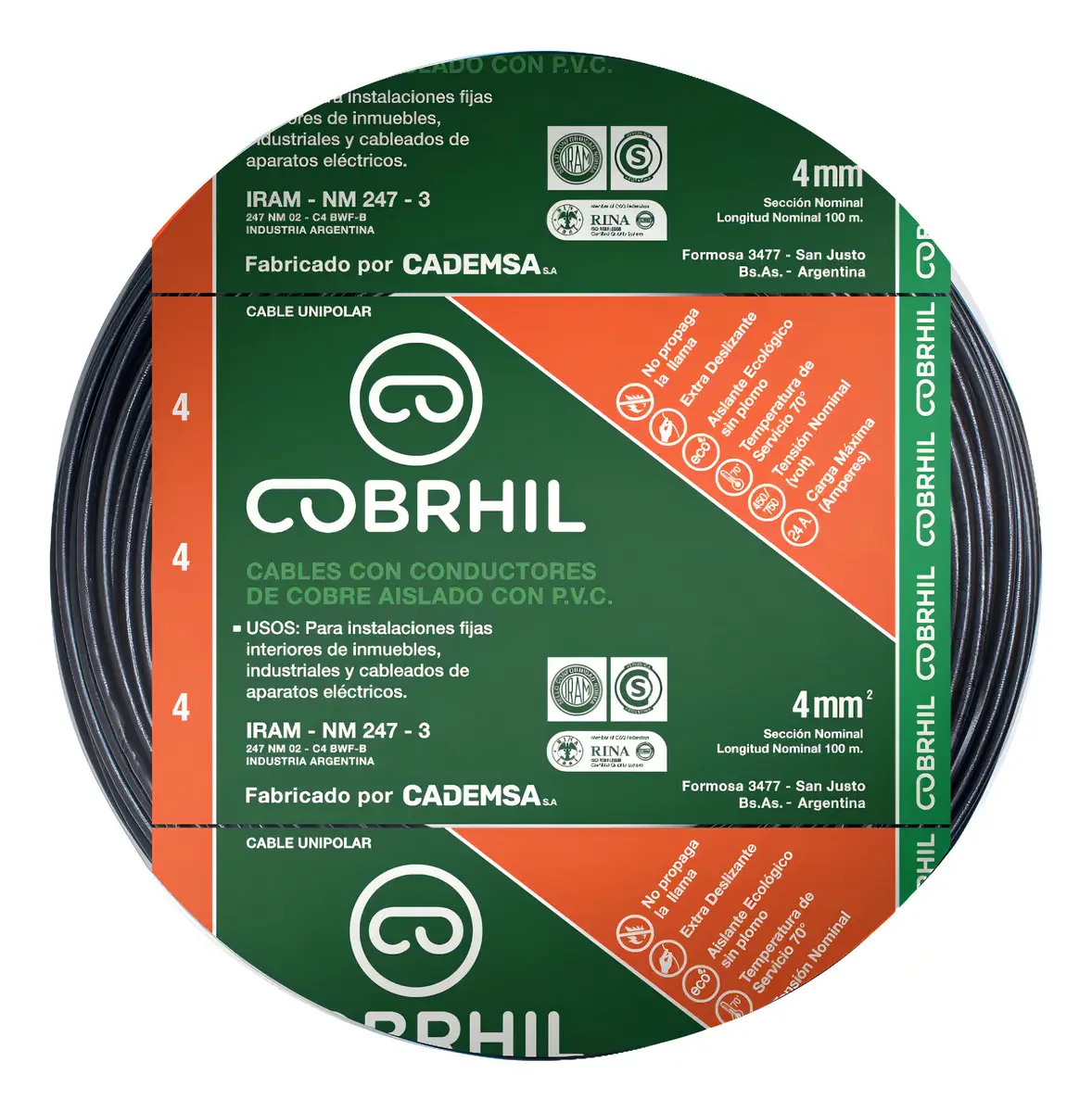 Rollo cable Cobrhil unipolar 1 x 4,00mm – IRAM – 100 metros (NEGRO) — vista principal | Mi Casa Mi Lugar