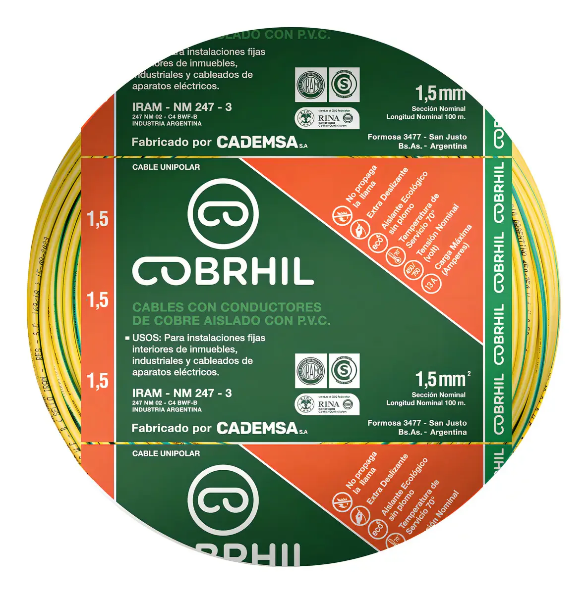 Rollo cable Cobrhil unipolar 1 x 1,50mm – IRAM – 100 metros (VERDE / AMARRILLO) — vista principal | Mi Casa Mi Lugar