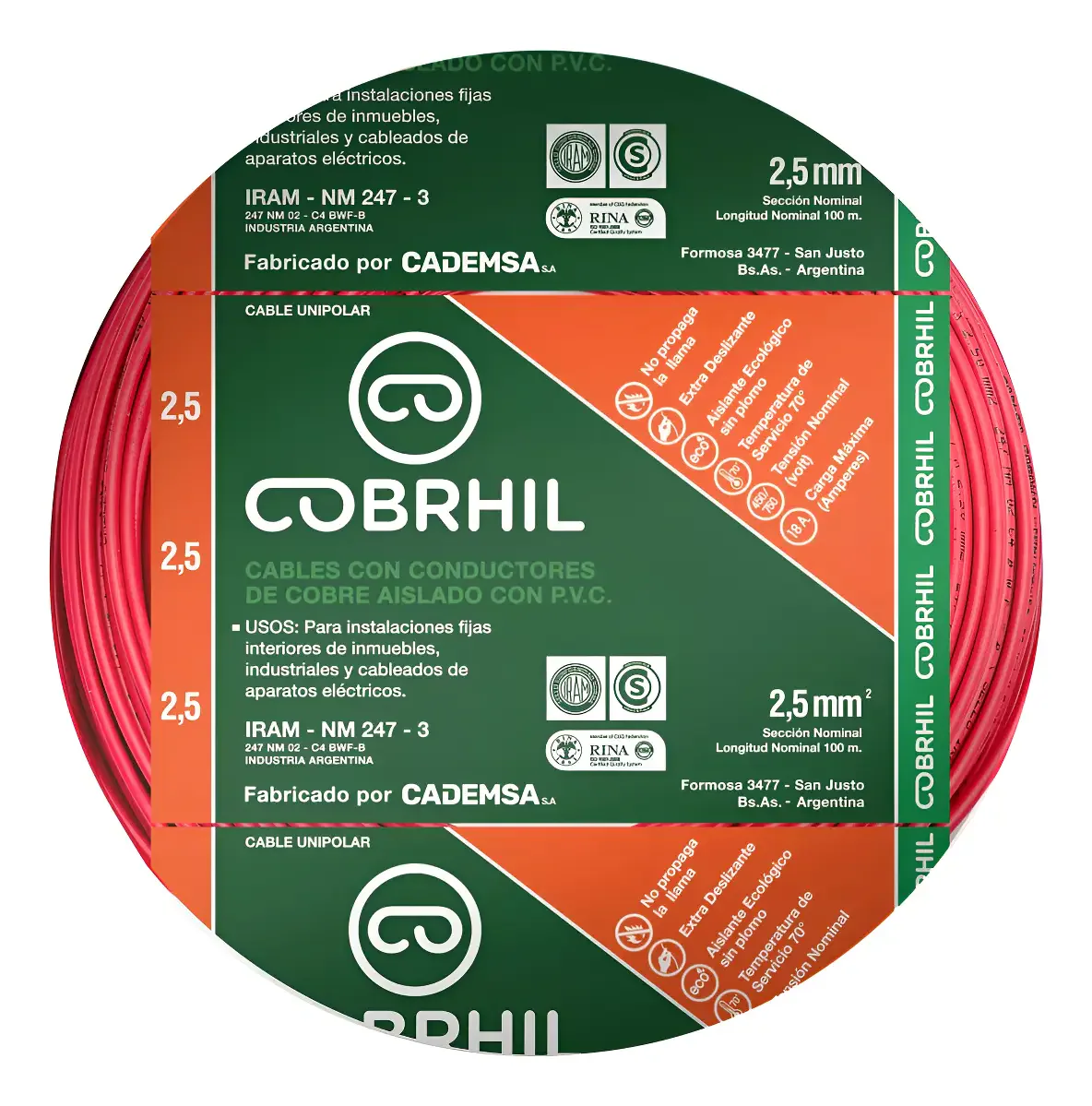 Rollo cable Cobrhil unipolar 1 x 2,50mm – IRAM – 100 metros (ROJO) — vista principal | Mi Casa Mi Lugar