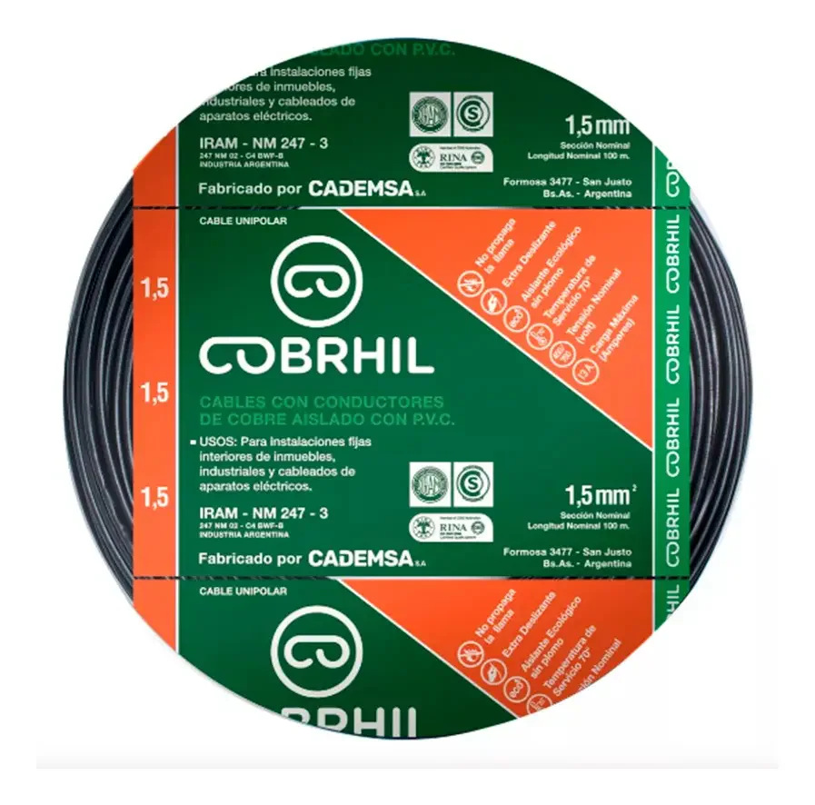Rollo cable Cobrhil unipolar 1 x 1,50mm – IRAM – 100 metros (NEGRO) — vista principal | Mi Casa Mi Lugar