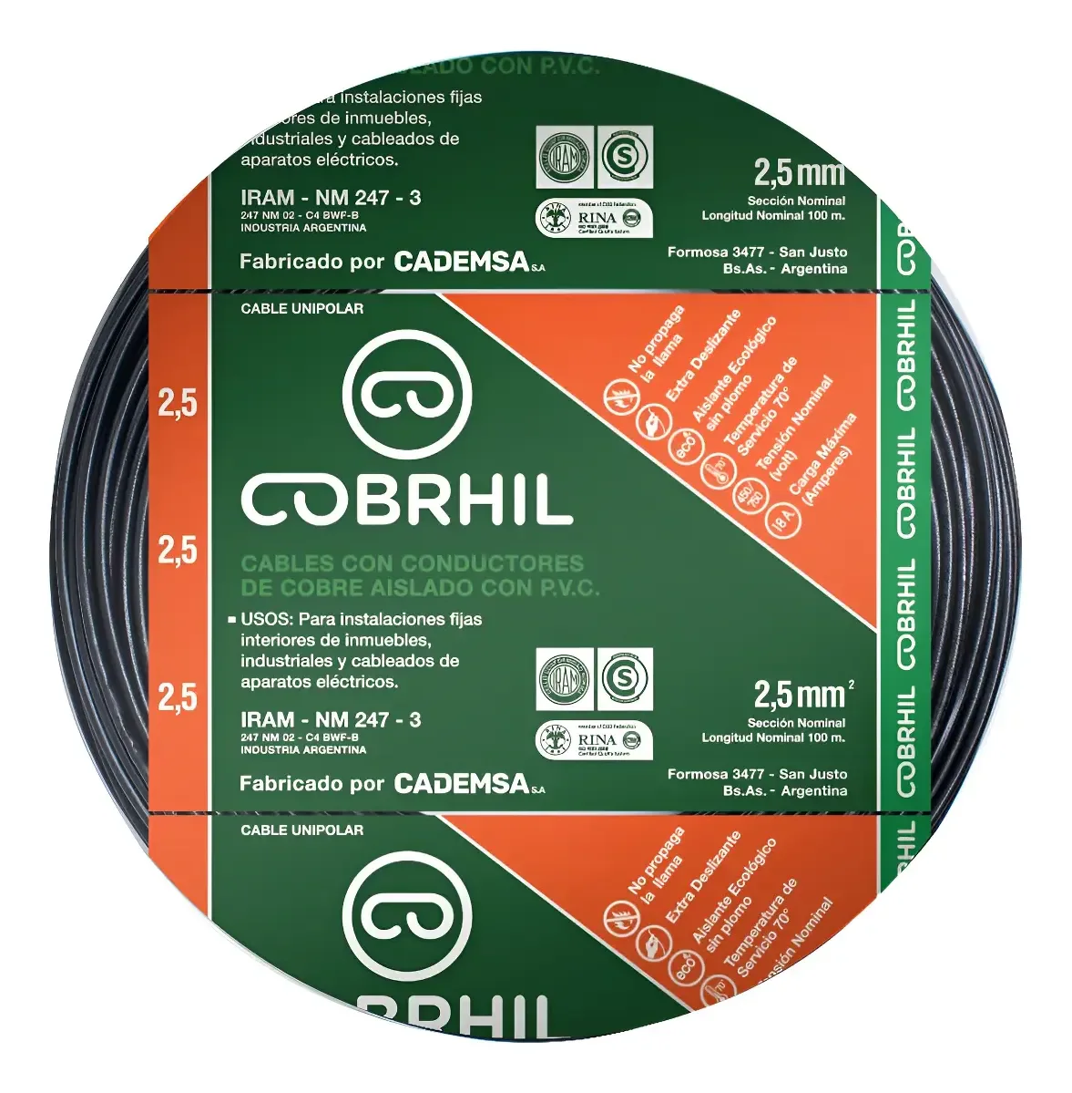 Rollo cable Cobrhil unipolar 1 x 2,50mm – IRAM – 100 metros (NEGRO) — vista principal | Mi Casa Mi Lugar