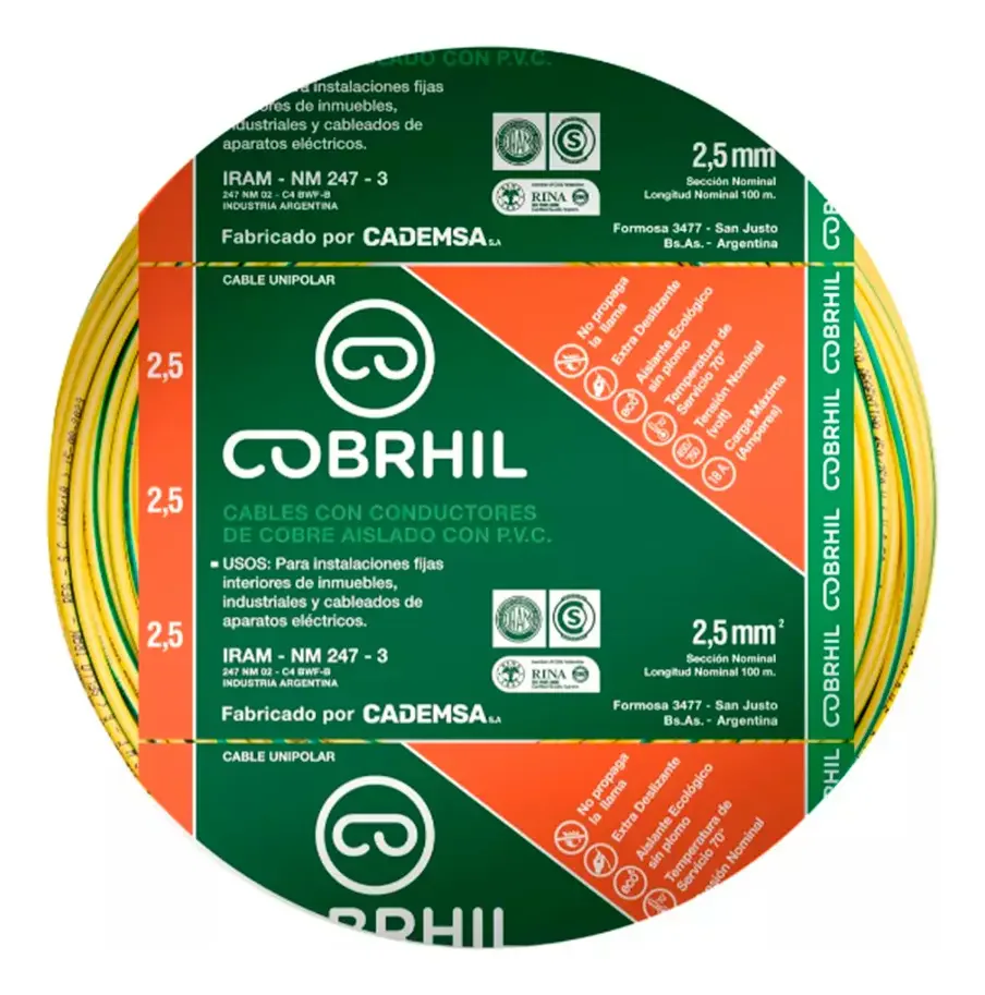 Rollo cable Cobrhil unipolar 1 x 2,50mm – IRAM – 100 metros (VERDE / AMARILLO) — vista principal | Mi Casa Mi Lugar