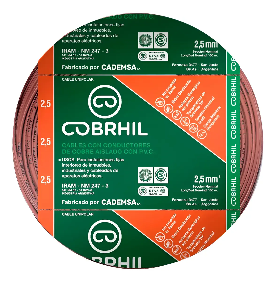 Rollo cable Cobrhil unipolar 1 x 2,50mm – IRAM – 100 metros (MARRON) — vista principal | Mi Casa Mi Lugar